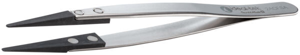 The image displays a large, flat stainless steel tweezer with pointed, black rubber tips. It features two round holes near the top edge and a shiny surface.