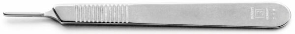 The image shows a medical instrument, a narrow, shiny blade with a slightly curved end. The handle is ridged for better grip.