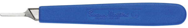 The image displays a tool featuring a blue, ergonomic handle and a narrow, metallic blade at one end. The top of the handle has embossed inscriptions.