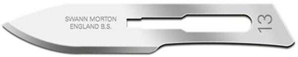 The image shows a sharp, wide blade made of stainless steel with a slightly curved edge. Manufacturer information and a number are stamped on the blade.