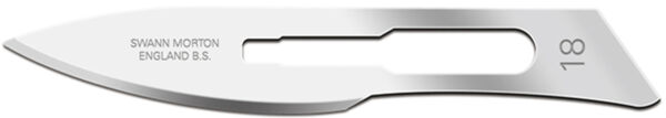 The image displays a sharp, shiny metal scalpel blade with a curved edge. On the side, the words "SWANN MORTON", "ENGLAND", and the number "18" are engraved.