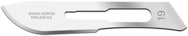 The image displays a surgical blade, flat and metallic, with a curved edge. The brand name and a number are embossed on the blade.