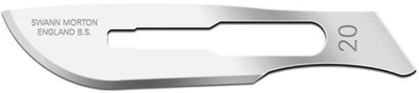 The image shows a surgical blade, flat and narrow, made of shiny steel. The blade has a wide cutting edge and a round tip. There are markings engraved on the blade.