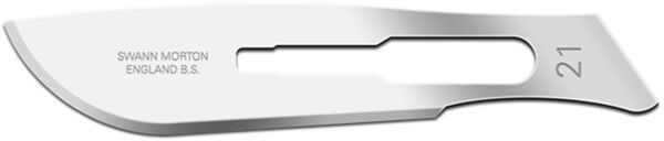 The image shows a metal surgical blade. It is slender, shiny, and has a slightly curved edge. The manufacturer's name and the number "21" are engraved on the blade.