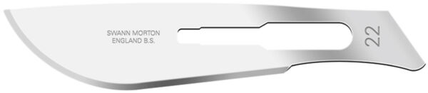 The image shows a sharp, curved scalpel blade made of shiny stainless steel. It has a semi-circular edge and an opening in the handle area, engraved with the number 22.