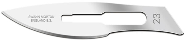 The image depicts a surgical blade, elongated and narrow, with a smooth, shiny surface. Marks and a number are engraved on the blade. It is very sharp and pointed.