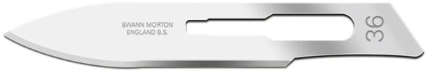 The image displays a slender, silver blade that is slightly curved. It features a special notch in the middle and a number "36" on the surface. The blade appears sharp and precise.