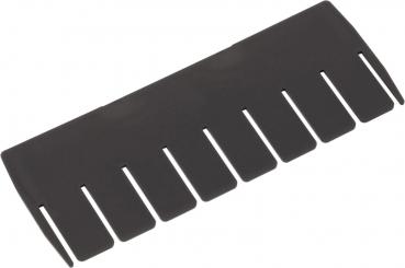 The image shows a black comb. It has a flat body and several wide tines that are evenly distributed. The comb is simple and functional in design.