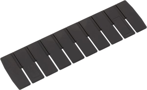 The image shows a black piano keyboard with ten keys. They are divided into two groups: white and black keys, where the white keys are wider and the black keys are narrower.