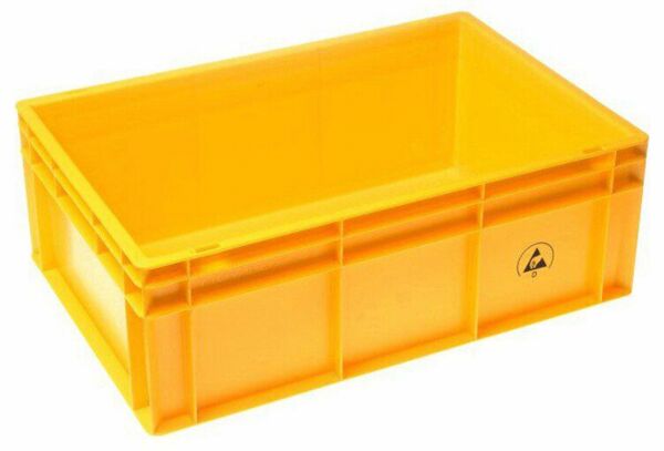 The image shows a rectangular, bright yellow plastic box. It has smooth walls, an open top, and is likely intended for storing or transporting items.