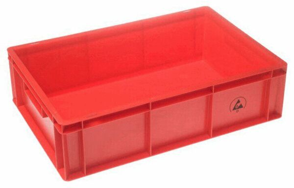 The image shows a rectangular, red plastic box without a lid. It is sturdy, has smooth walls, and is suitable for storing items. It appears translucent.