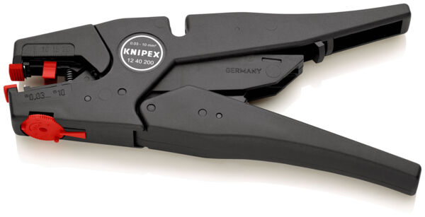 Das Bild zeigt eine schwarze Kabelschneider-Zange. Sie hat zwei lange Griffe und eine Schneidefläche mit einem roten Hebel. Auf dem Werkzeug steht das Label "Knipex".