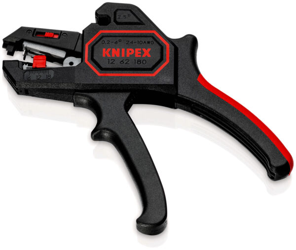 The image shows a black wire stripper with red accents. It has an ergonomic handle and a blade for stripping wires. The brand 