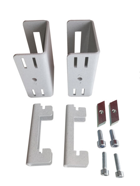 The image shows an assembly kit consisting of two gray brackets with slots, two smaller gray parts, two metallic plates, and several screws.