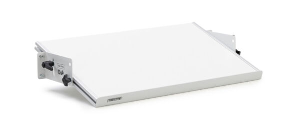 The image shows a flat, rectangular countertop in white with two gray brackets on the sides. These brackets are intended for fastening or extending.