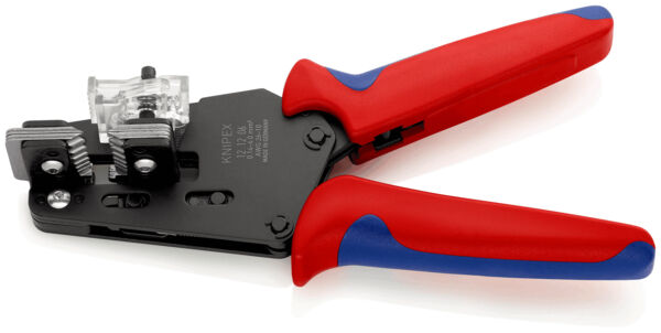 The image shows a crimping tool with red and blue handles. The head features metallic parts for crimping cable ends. The pliers are slightly curved and appear sturdy, with a transparent cover.