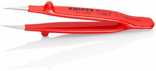 Das Bild zeigt eine rote Zange mit zwei langen, spitzen Spitzen. Sie hat einen ergonomischen Griff und eine Beschriftung mit der Marke KNIPEX sowie technischen Spezifikationen.