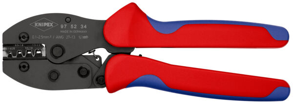 The image shows a pair of pliers with red and blue handles. The pliers have a black working area with a textured surface. They are intended for crimping cables.