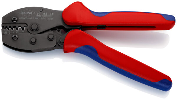 The image shows a cable cutter pliers with red and blue handles. The pliers have a black metal working surface with notches for cutting, crimping, and stripping wires.