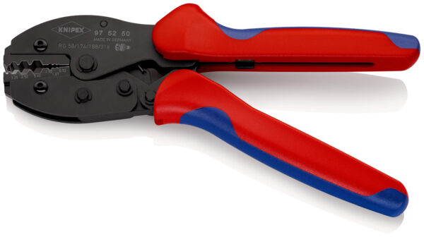 The image shows a crimping tool with red and blue handles. The head of the pliers is black and has various notches for processing and connecting cables.