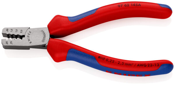 The image shows a combination pliers with red-blue handles. The pliers have a metal cutter with multiple adjustment options for wires, labeled with various sizes.