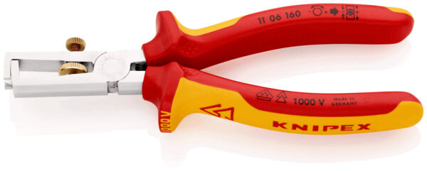 The image shows a cable cutter pliers with red and yellow handles. The head is made of shiny silver metallic material and has an opening for cables. The brand name "KNIPEX" is clearly visible.