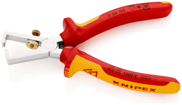 The image shows a pair of pliers with red and yellow handles. The tip is flat and narrow with a cutting function. It is from the brand Knipex and is suitable for insulation work.