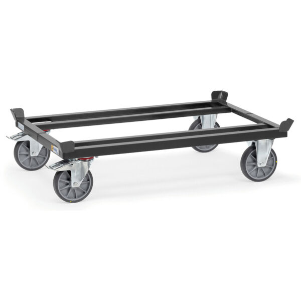 The image shows a rectangular transport rack with four large, swiveling wheels. It has a sturdy, black frame structure and is designed for moving heavy loads.