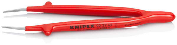 Das Bild zeigt eine rote Zange mit langen, spitzen Greifarmen. Sie hat einen geschwungenen Griff und ist für präzises Greifen und Halten geeignet. Die Marke "KNIPEX" ist aufgedruckt.