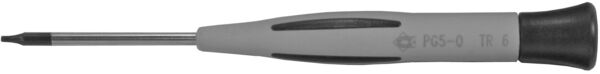 The image shows a screwdriver with a long, narrow metal shaft and a gray handle. The handle is slightly ridged to provide better grip, and the screw head has a special shape.