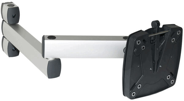 The image shows a swiveling monitor arm. It consists of a silver metal arm with a black mount. The arm is flexible and allows for adjustment of the monitor position.