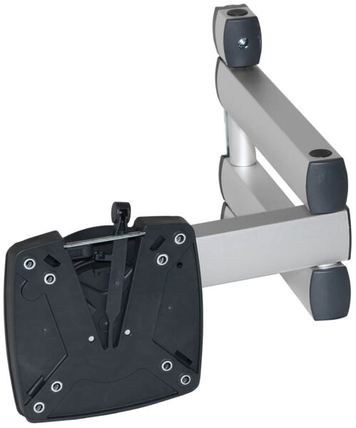 The image shows a mountable monitor arm. It consists of a sturdy, silver metal arm with a square, black bracket. The arm is swivelable and allows for flexible screen positioning.