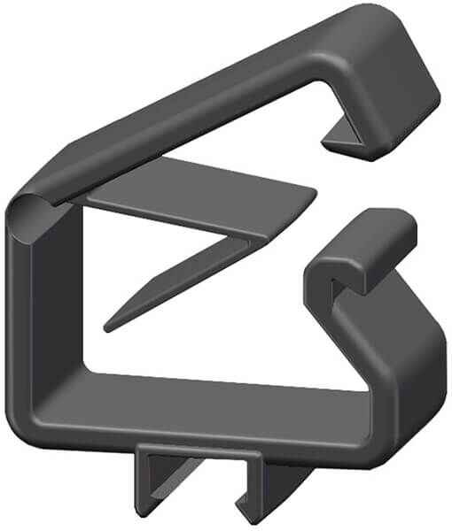 The image shows a black plastic clip with a simple, geometric shape. It has an open side, defined by two curved and straight edges.