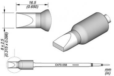 The image displays a technical drawing of an object that has a narrow, pointed end on one side. Dimensions for length and diameter are provided.