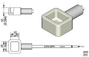 The image shows a technical drawing of a square tool with a cylindrical handle. Dimensions in millimeters are provided, clarifying the dimensions of the tool.