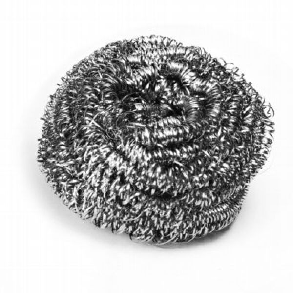 The image shows a round, metallic scrubbing pad. It is made of many fine, tightly coiled wires and has an uneven, springy surface. The color is silver steel.