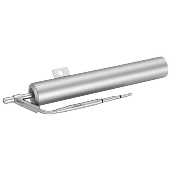 The image shows a silver cylinder with a mount on one end. On the side, there is a smaller, curved outlet. The cylinder has a smooth, shiny surface.