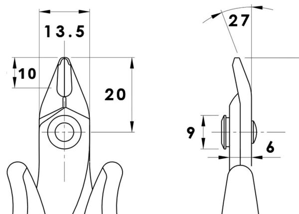 The image displays technical drawings of pliers with measurements. On the left side, a front view, and on the right, a side view, each showing various lengths and widths.