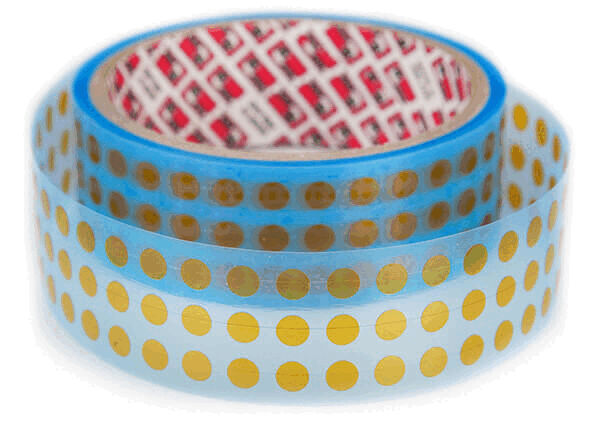 The image shows two rolls of adhesive tape. The top tape is transparent with golden dots, while the bottom one has a blue border. The inner core is red with a cross pattern.