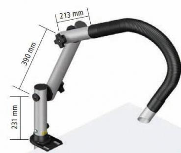 The image shows a flexible arm with a hose. The arm has a vertical mount and a curved section. Dimensions in millimeters are provided, describing the length and height of the arm.