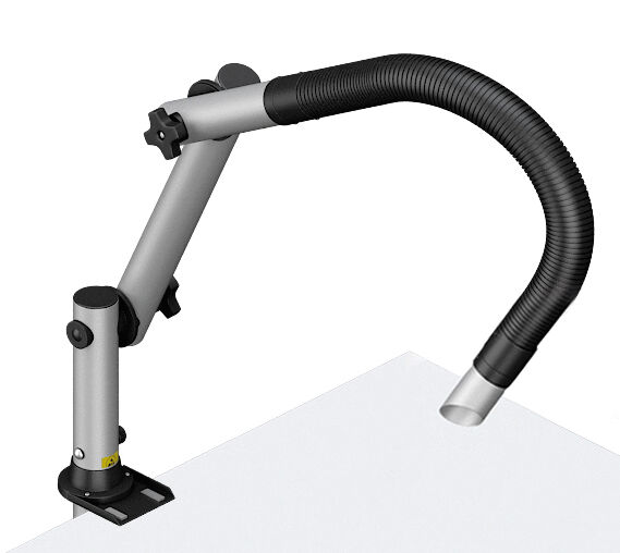 The image shows a flexible, gray arm with a hose attached to a table. At the end of the hose, there is a round opening. The arm can be moved into various positions.