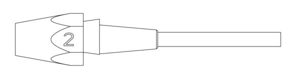 The image shows a schematic representation of an object with a sharp, conical shape. On the broader side, the number 