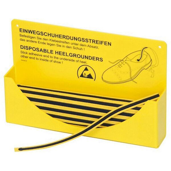 The image shows a yellow box with a sticker that includes instructions for disposable shoe-making strips. Pulls out an adhesive strip with a yellow-black pattern.