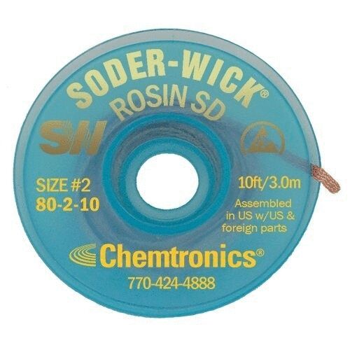 Das Bild zeigt eine runde, blaue Rolle mit der Aufschrift ?SODER-WICK® ROSIN SD?. In der Mitte befindet sich ein Loch. Auf der Rolle steht auch ?Chemtronics? und Kontaktinformationen.