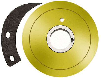 The image displays a brake-like disc in yellow with a central hole and a black, curved component next to it. The disc has a smooth surface.