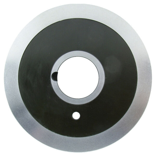 The image shows a round metal plate with a black inner circle and silver edges. In the center, there is a large hole and next to it a small hole. The surface is smooth.