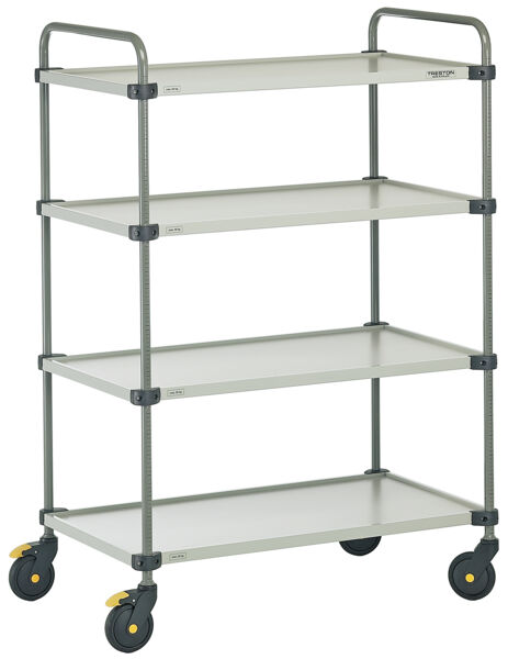 The image shows a four-tier serving cart with a sturdy, gray metal frame. It has four open shelves and is mounted on four movable casters, two of which are yellow.