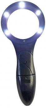 The image shows a black magnifying glass with a large, round lens and several integrated LED lights. The handle is ergonomically designed and features several controls.