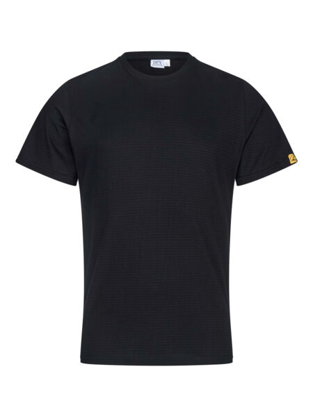 The image shows a simple, black short-sleeved T-shirt. It has a round neckline and a straight cut. There is a small yellow logo on the left sleeve.