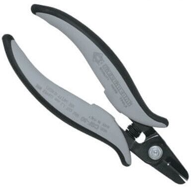 The image shows a gray and black pliers. It has ergonomic handles that allow for comfortable handling. The pliers feature a closed cutting edge and a central screw.